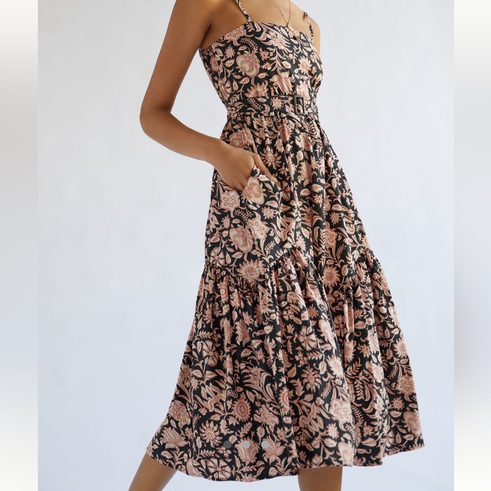 Lusana Floral Black and Red Belted Sleeveless Midi Dress